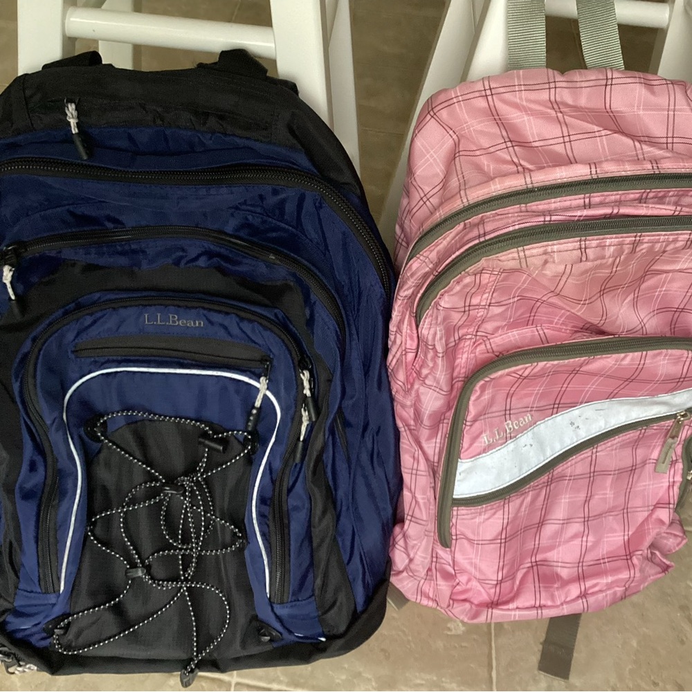 L.L. Bean Navy and Plaid Pink Backpack Duo
